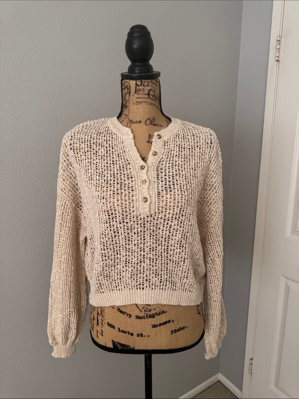 Billabong Cream Open-Weave Henley Sweater